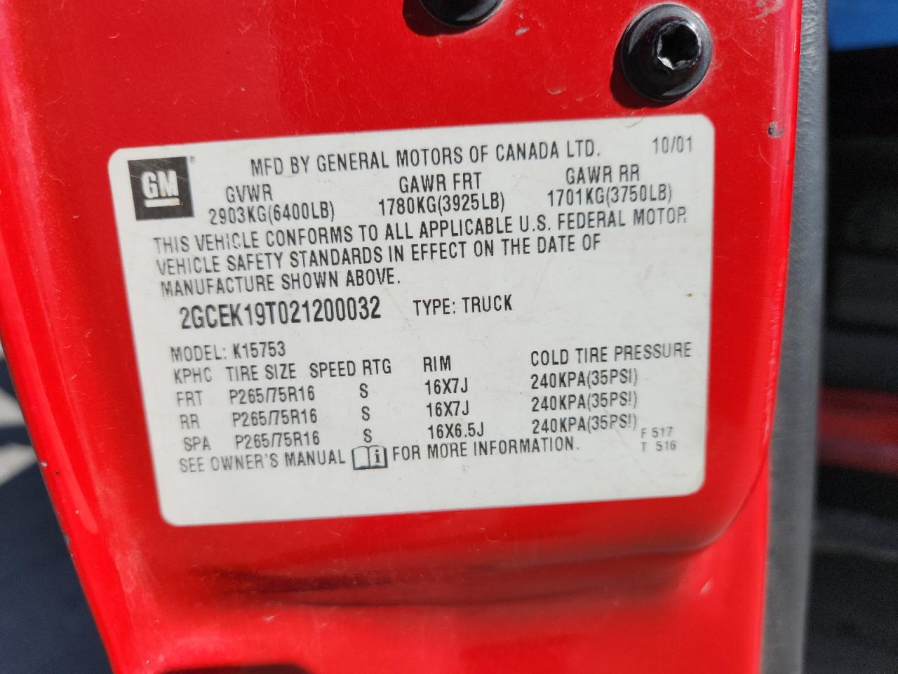 2002 Chevrolet Silverado K1500 VIN: 2GCEK19T021200032 Lot: 84865555