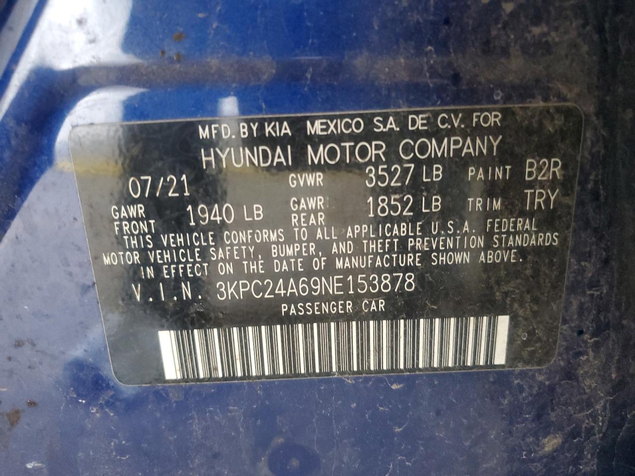 2022 Hyundai Accent Se VIN: 3KPC24A69NE153878 Lot: 85276465
