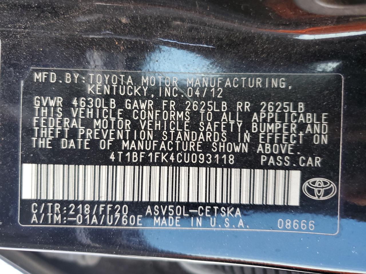 2012 Toyota Camry Base VIN: 4T1BF1FK4CU093118 Lot: 86338235