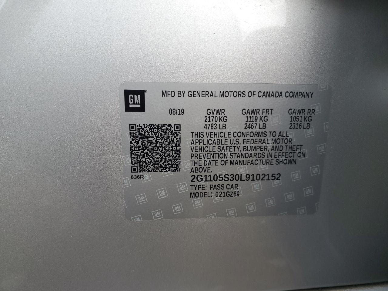 2020 Chevrolet Impala Premier VIN: 2G1105S30L9102152 Lot: 86288975