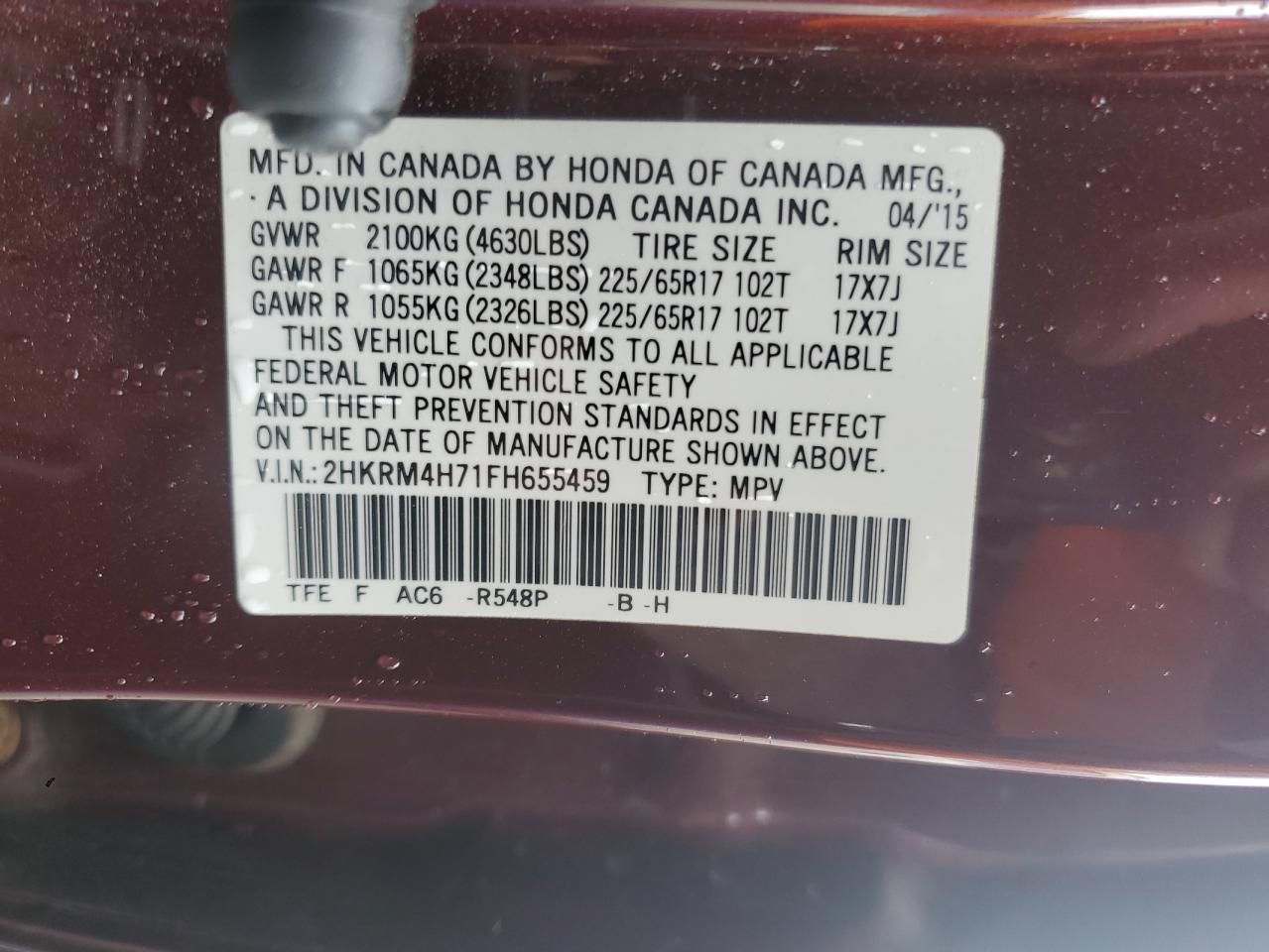 2015 Honda Cr-V Exl VIN: 2HKRM4H71FH655459 Lot: 84629445