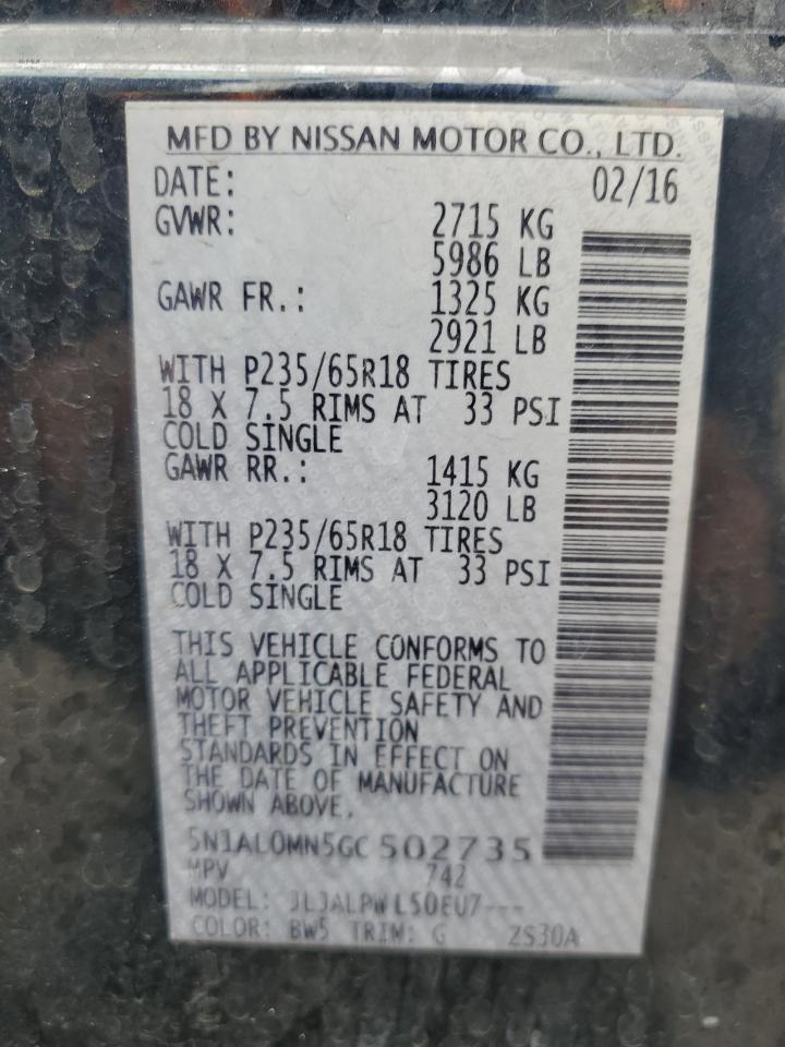 2016 Infiniti Qx60 VIN: 5N1AL0MN5GC502735 Lot: 84755515