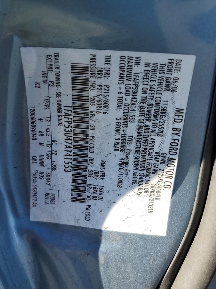 2007 Ford Taurus Se VIN: 1FAFP53U47A141553 Lot: 89430445