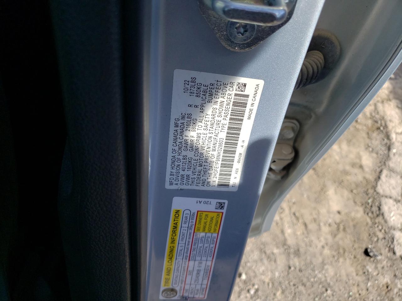 2022 Honda Civic Touring VIN: 2HGFE1F98NH328603 Lot: 84597885