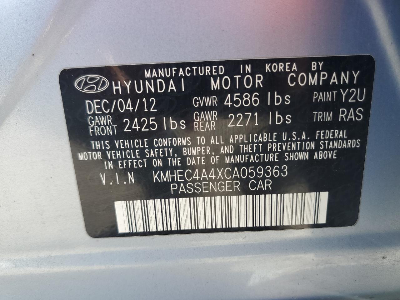2012 Hyundai Sonata Hybrid VIN: KMHEC4A4XCA059363 Lot: 87438125