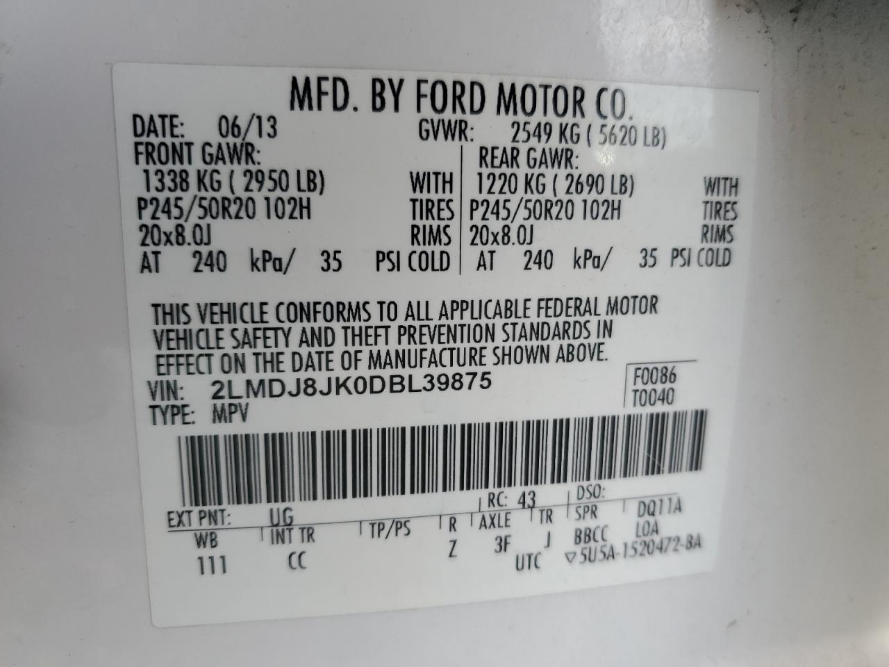 2013 Lincoln Mkx VIN: 2LMDJ8JK0DBL39875 Lot: 82621905