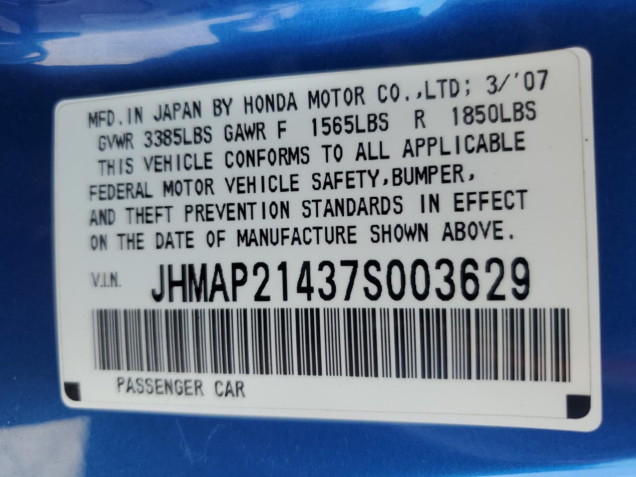 2007 Honda S2000 VIN: JHMAP21437S003629 Lot: 85010145