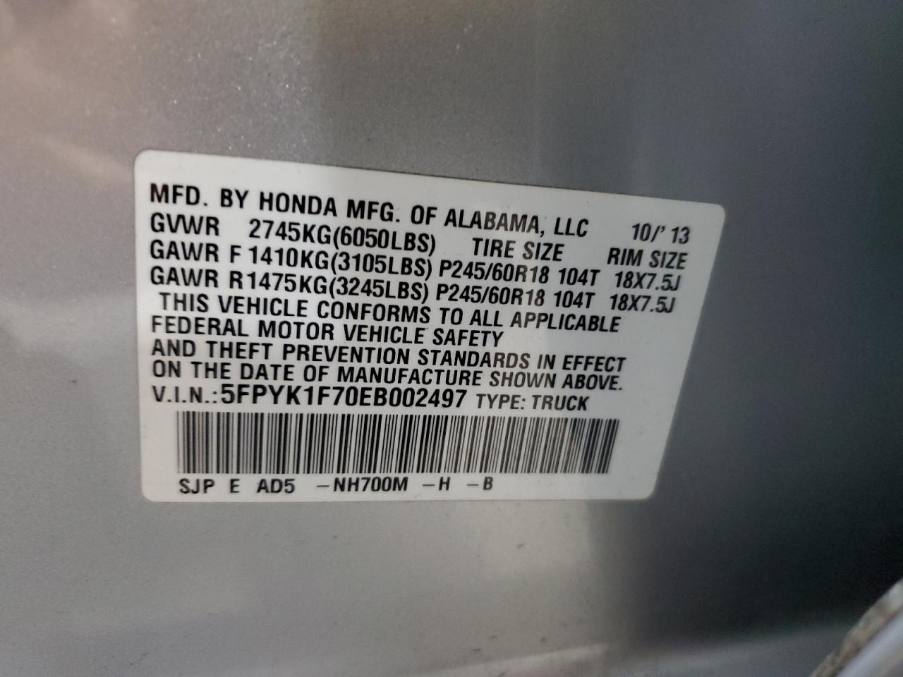 2014 Honda Ridgeline Sport VIN: 5FPYK1F70EB002497 Lot: 90319275