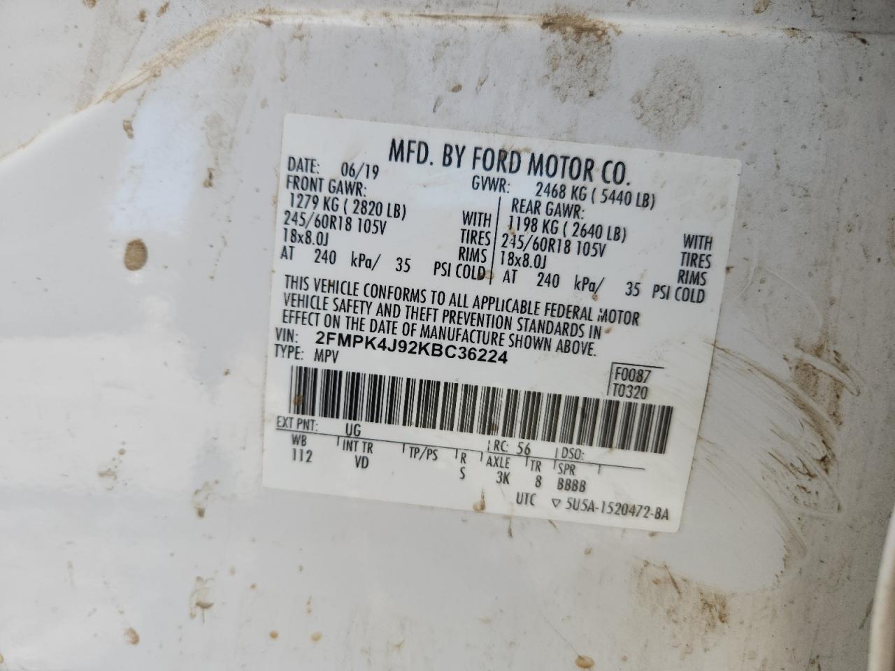 2019 Ford Edge Sel VIN: 2FMPK4J92KBC36224 Lot: 86331475