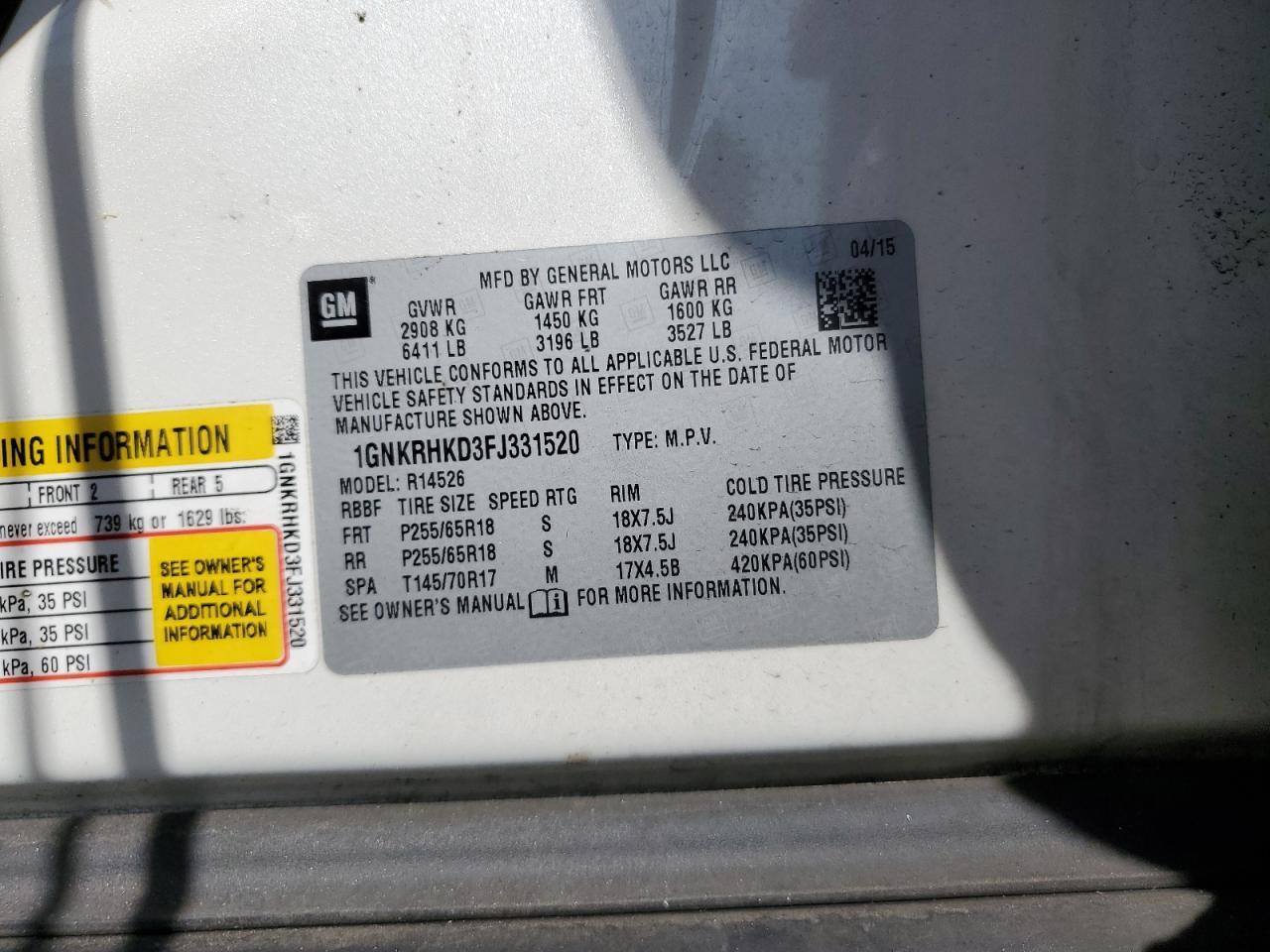 2015 Chevrolet Traverse Lt VIN: 1GNKRHKD3FJ331520 Lot: 82205935