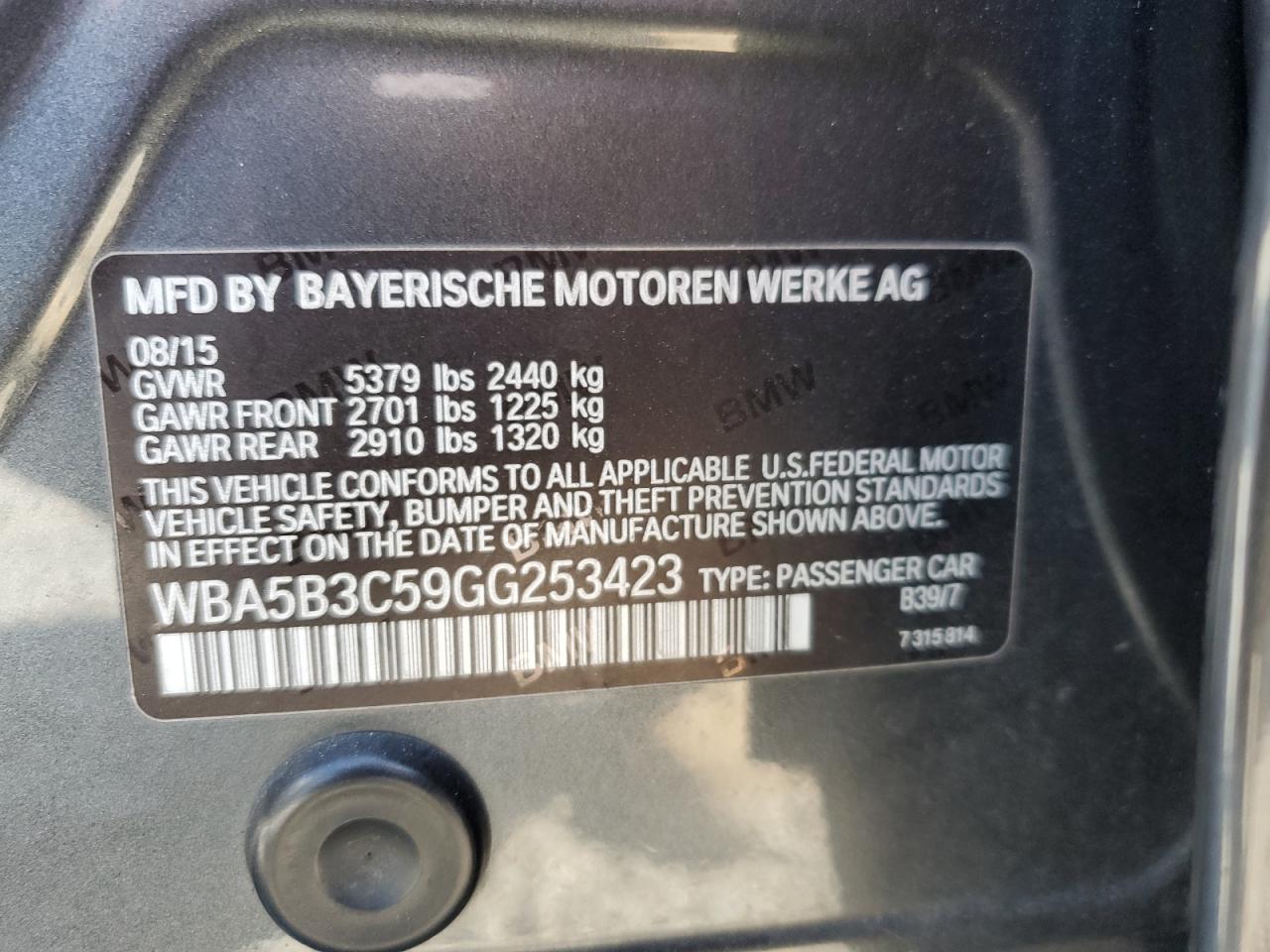 2016 BMW 535 Xi VIN: WBA5B3C59GG253423 Lot: 84420275