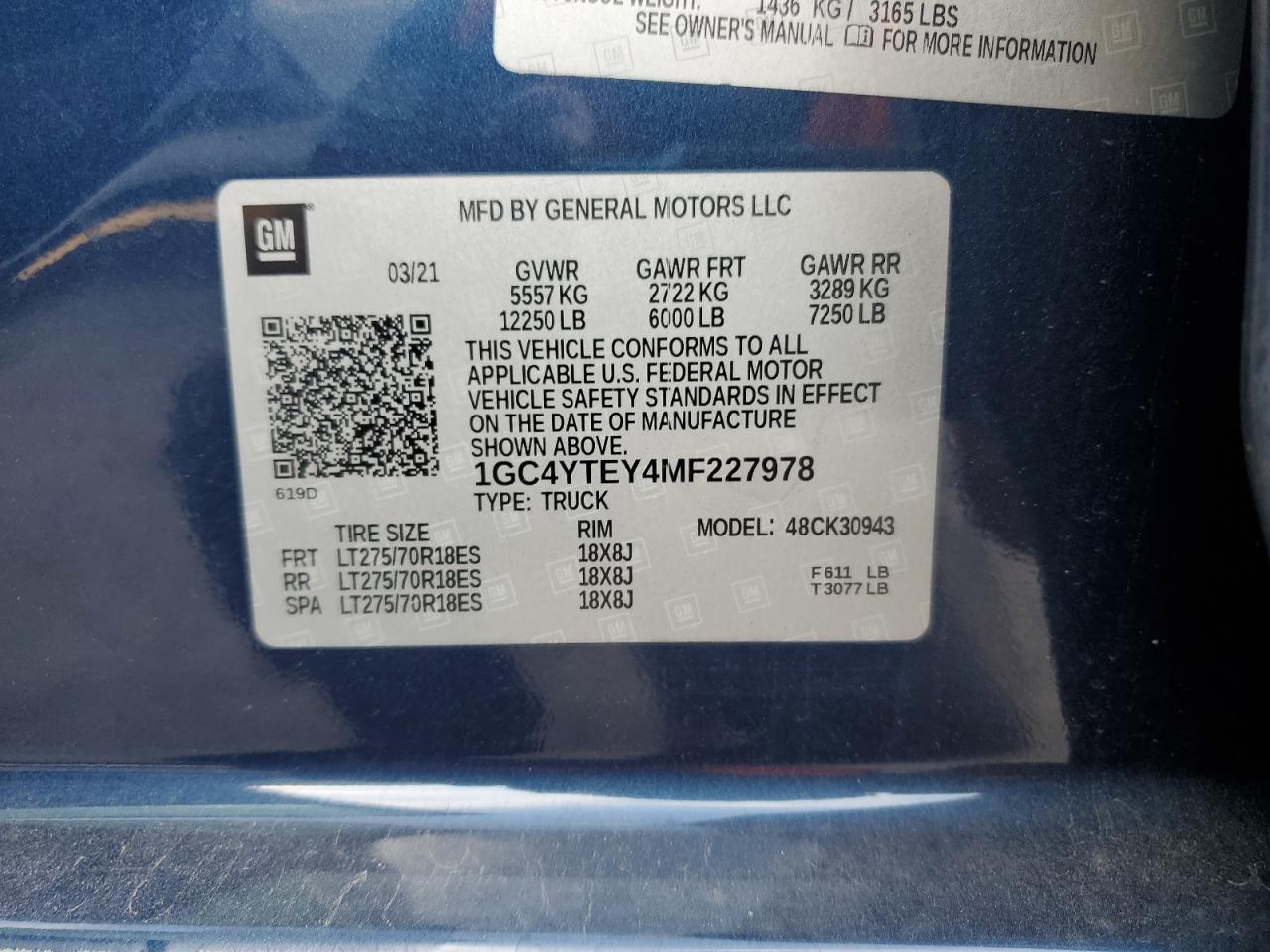 2021 Chevrolet Silverado K3500 Lt VIN: 1GC4YTEY4MF227978 Lot: 81960155