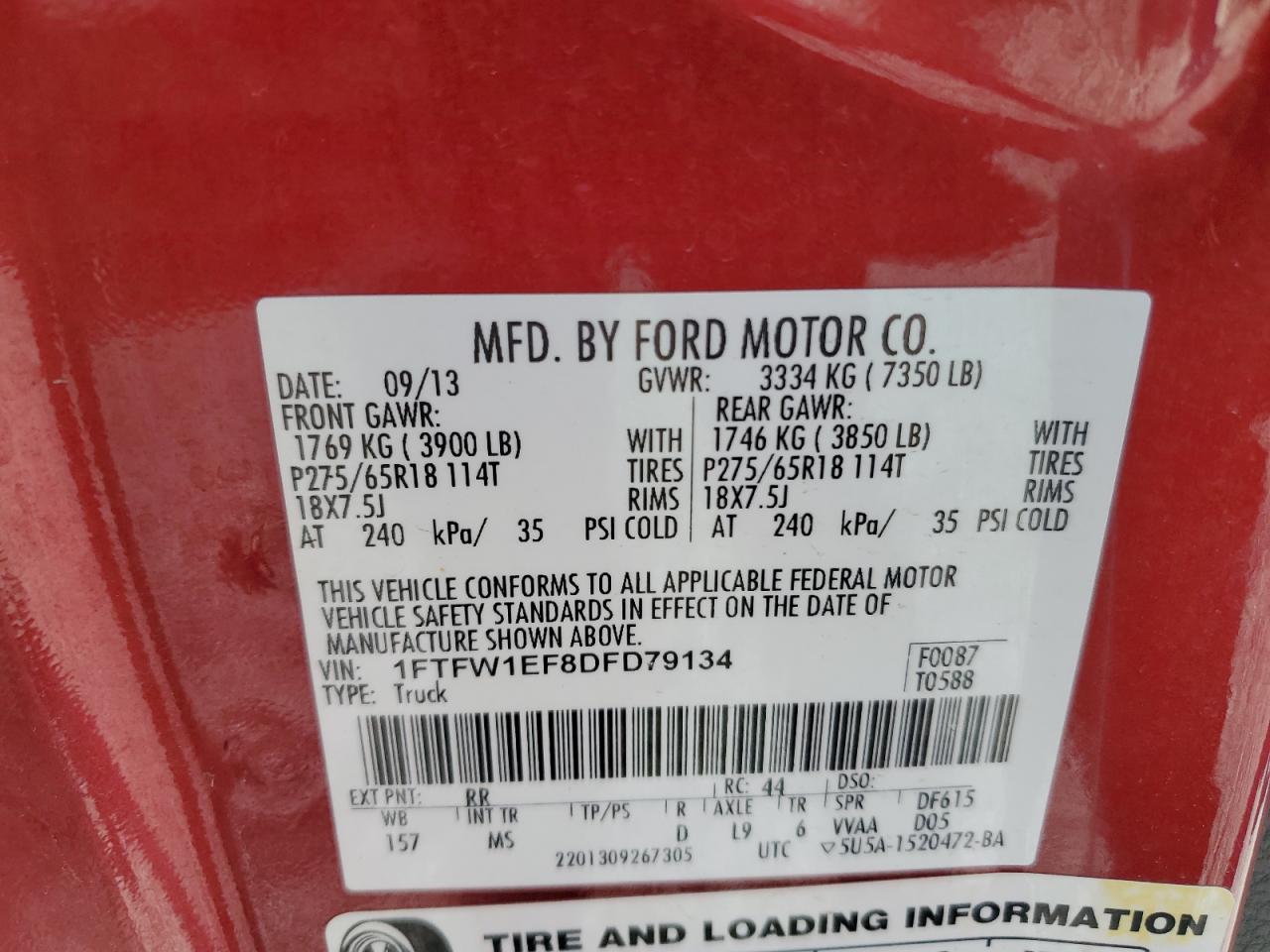 2013 Ford F150 Supercrew VIN: 1FTFW1EF8DFD79134 Lot: 87025475