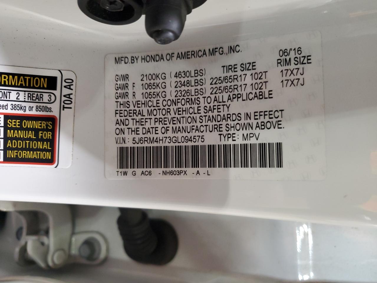 2016 Honda Cr-V Exl VIN: 5J6RM4H73GL094575 Lot: 82315315