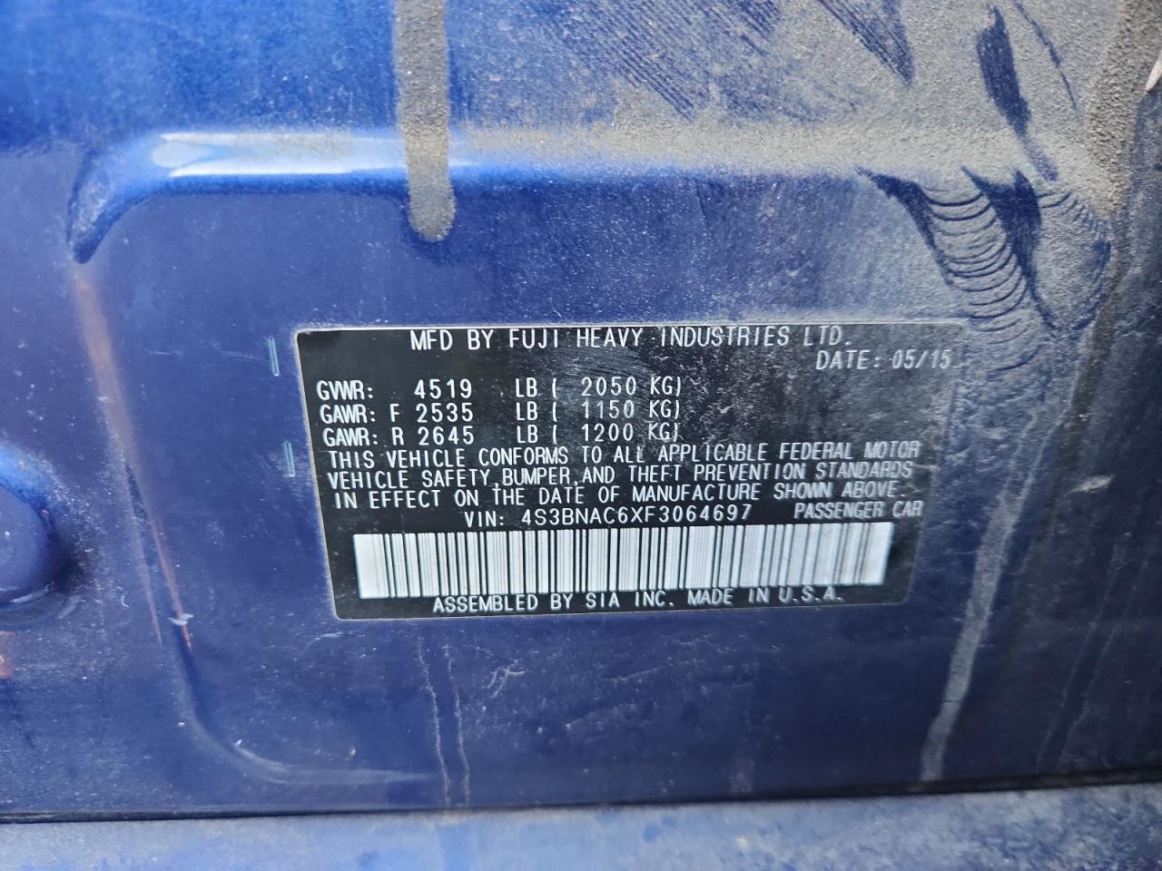 2015 Subaru Legacy 2.5I Premium VIN: 4S3BNAC6XF3064697 Lot: 86527815