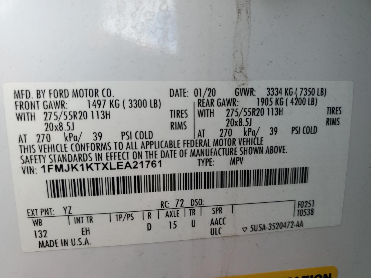 2020 Ford Expedition Max Limited VIN: 1FMJK1KTXLEA21761 Lot: 84235765