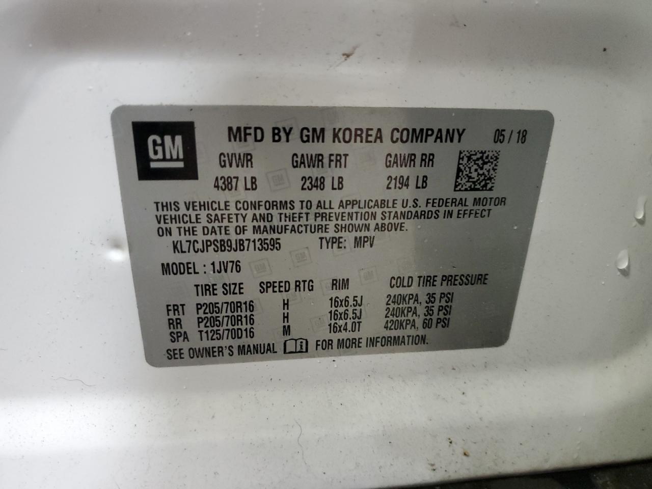 2018 Chevrolet Trax 1Lt VIN: KL7CJPSB9JB713595 Lot: 89543145