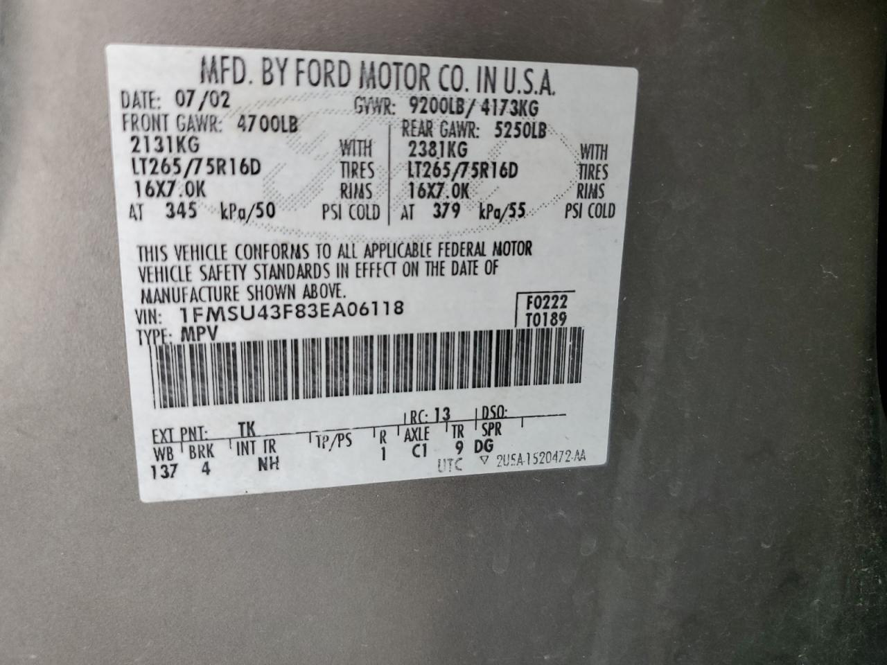 2003 Ford Excursion Limited VIN: 1FMSU43F83EA06118 Lot: 86129985