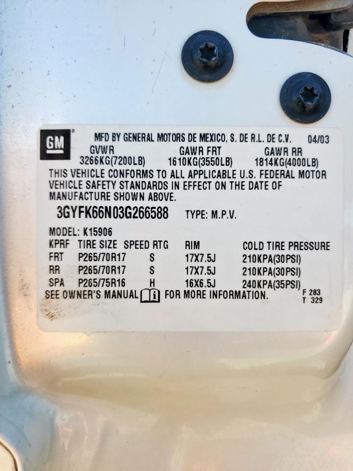 2003 Cadillac Escalade Esv VIN: 3GYFK66N03G266588 Lot: 85363105