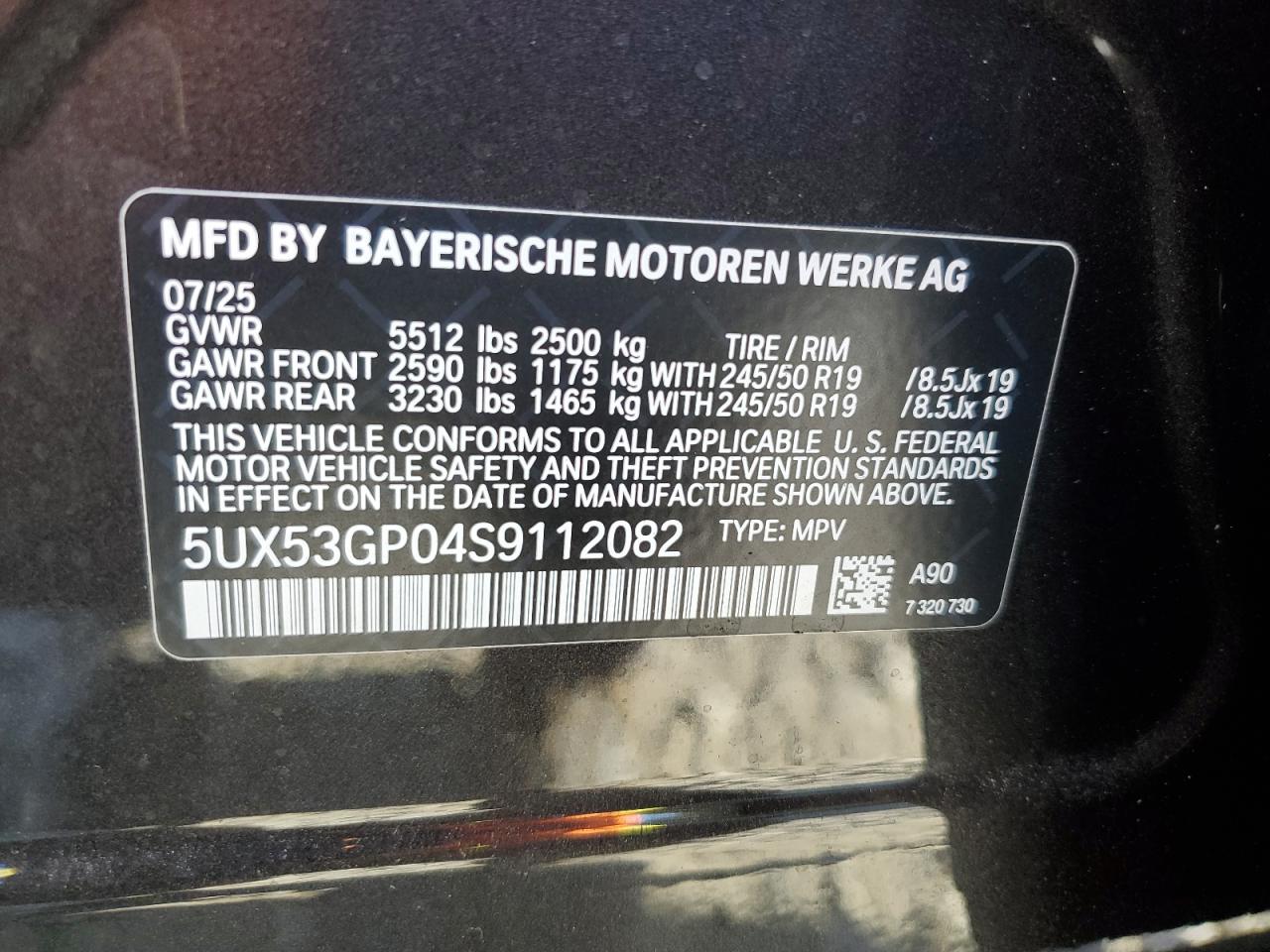 2025 BMW X3 30 xDrive VIN: 5UX53GP04S9112082 Lot: 84862725