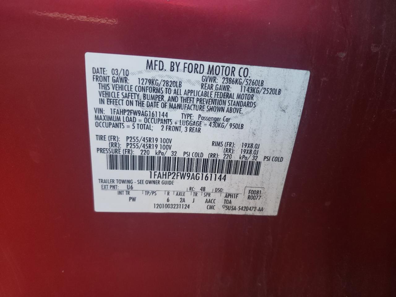 2010 Ford Taurus Limited VIN: 1FAHP2FW9AG161144 Lot: 86115815