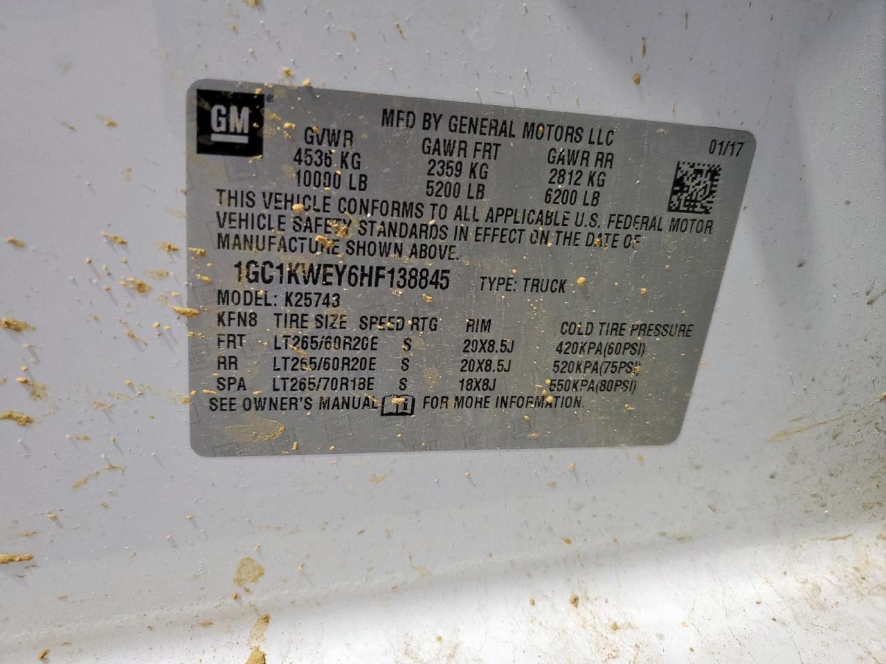 2017 Chevrolet Silverado K2500 Heavy Duty Ltz VIN: 1GC1KWEY6HF138845 Lot: 85556375