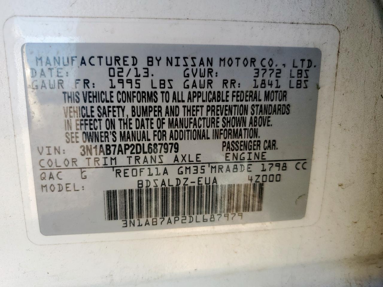 2013 Nissan Sentra S VIN: 3N1AB7AP2DL687979 Lot: 84023055