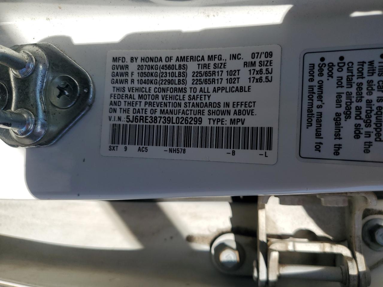 2009 Honda Cr-V Exl VIN: 5J6RE38739L026299 Lot: 85846795