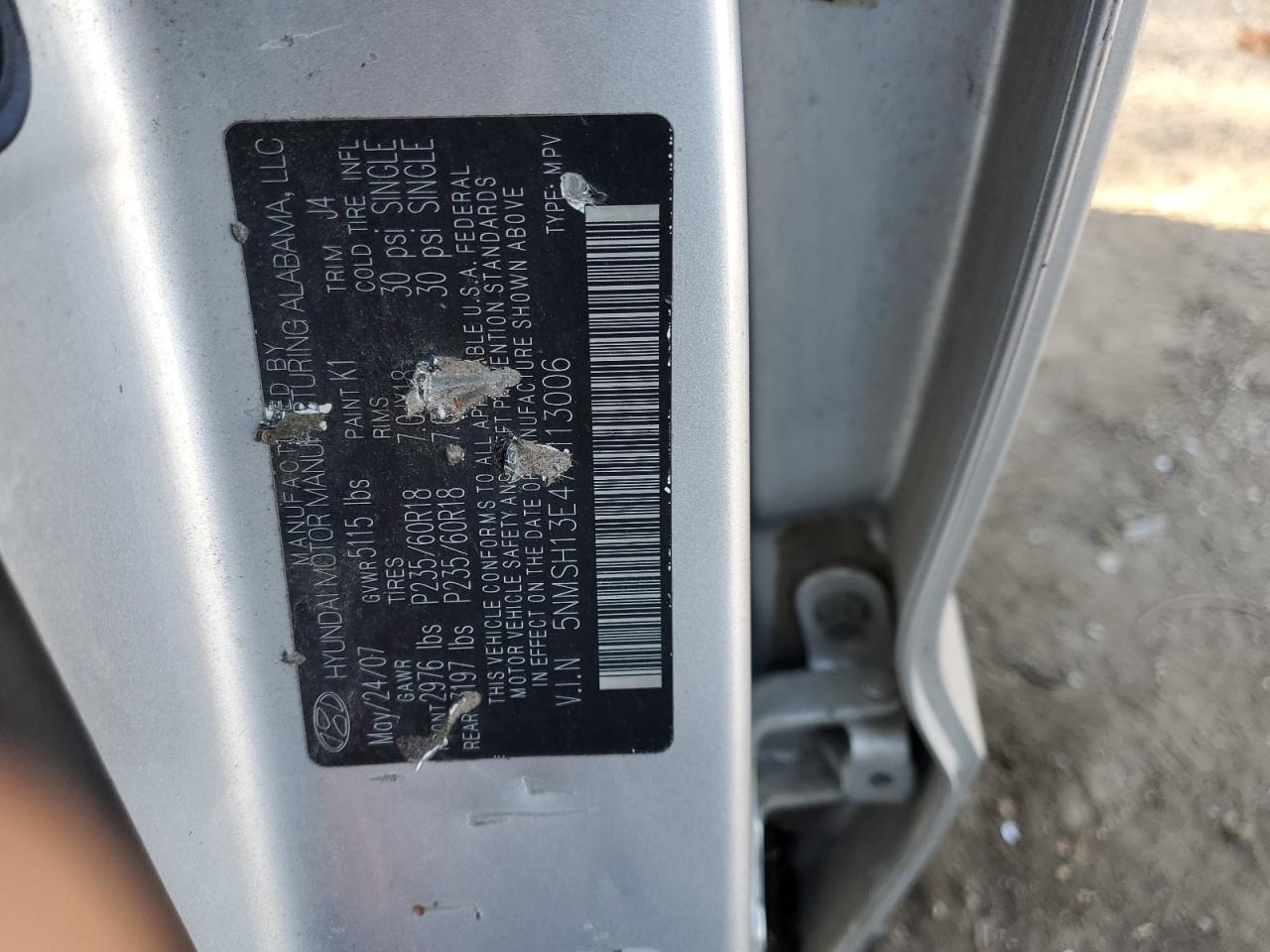 2007 Hyundai Santa Fe Se VIN: 5NMSH13E47H113006 Lot: 82210755