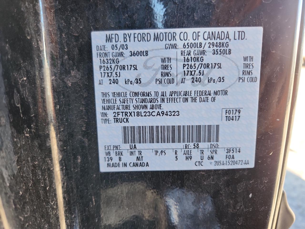 2003 Ford F150 VIN: 2FTRX18L23CA94323 Lot: 90058315