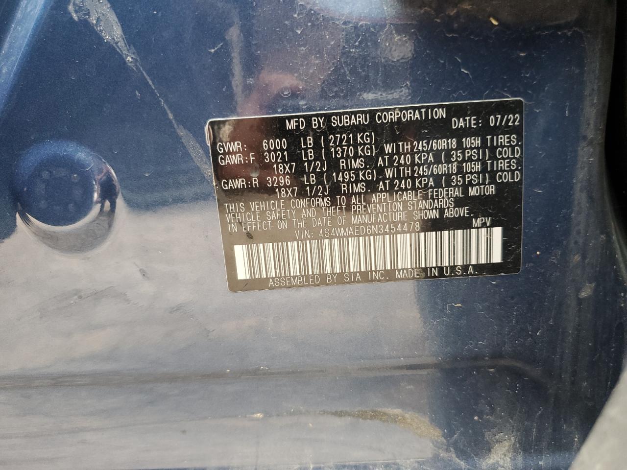 2022 Subaru Ascent Premium VIN: 4S4WMAED6N3454478 Lot: 84065525