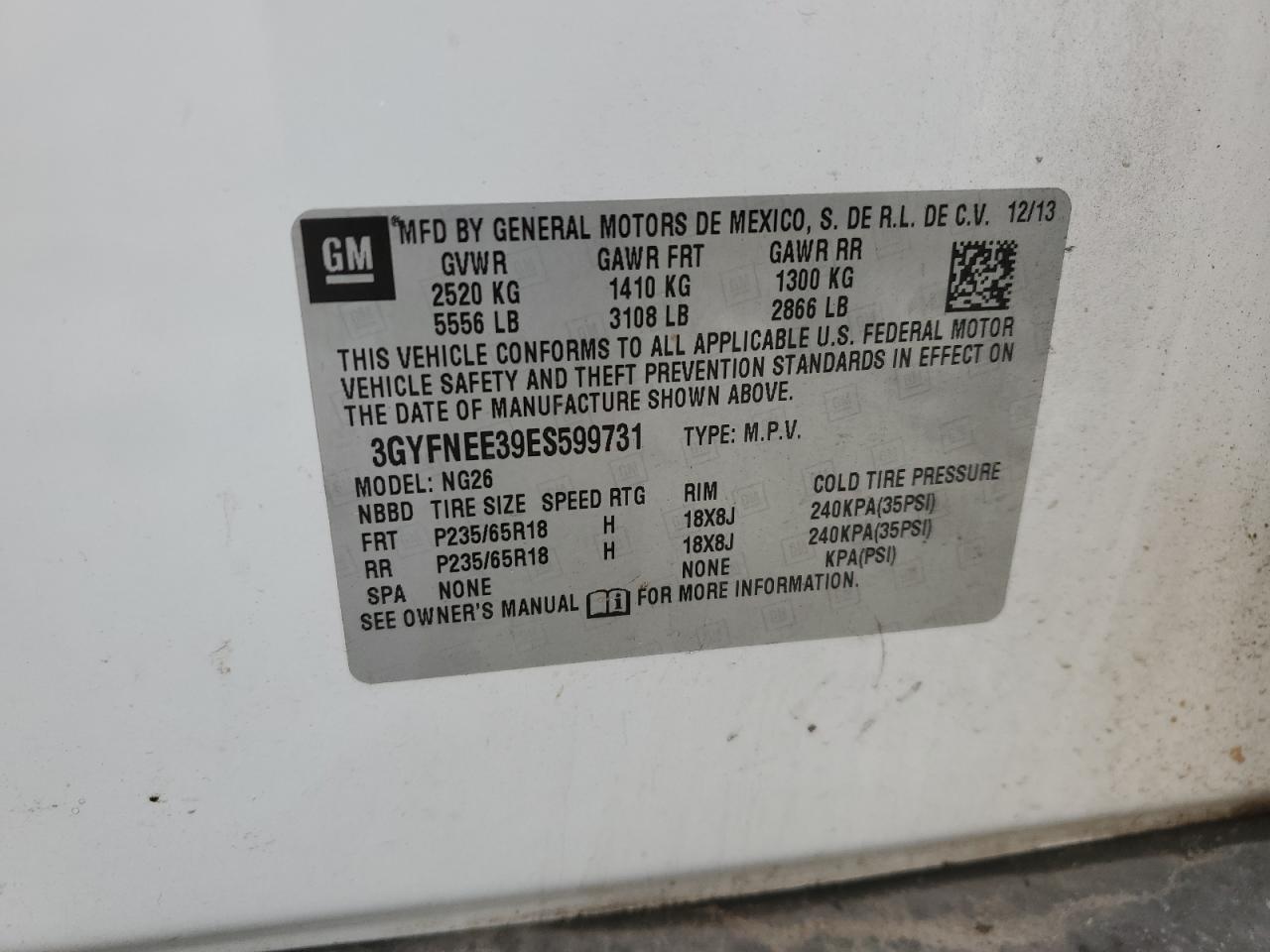 2014 Cadillac Srx Luxury Collection VIN: 3GYFNEE39ES599731 Lot: 89512225