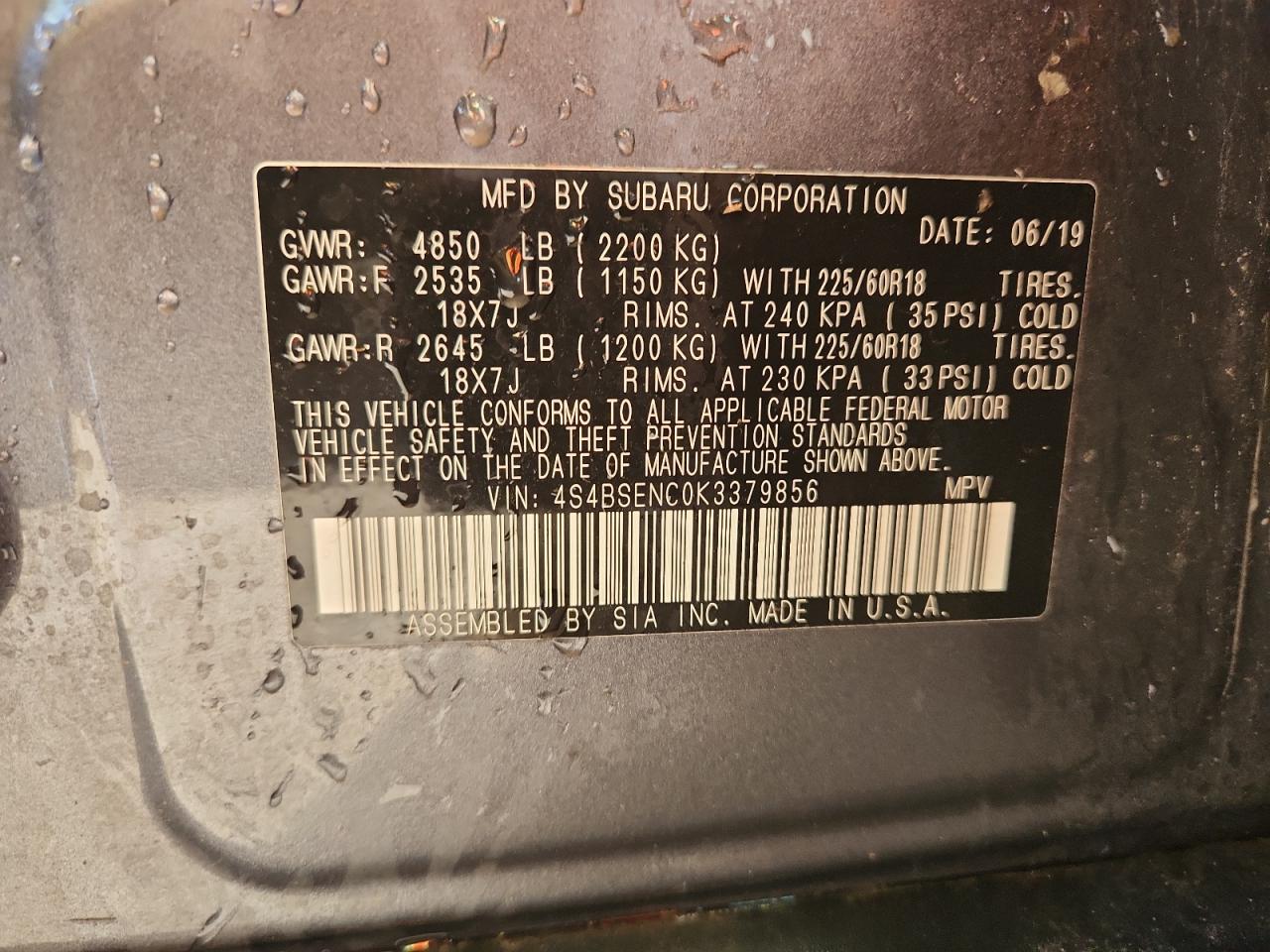 2019 Subaru Outback 3.6R Limited VIN: 4S4BSENC0K3379856 Lot: 84063985