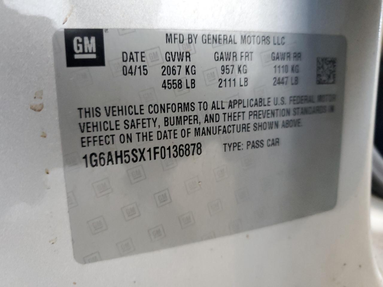 2015 Cadillac Ats Luxury VIN: 1G6AH5SX1F0136878 Lot: 85088505