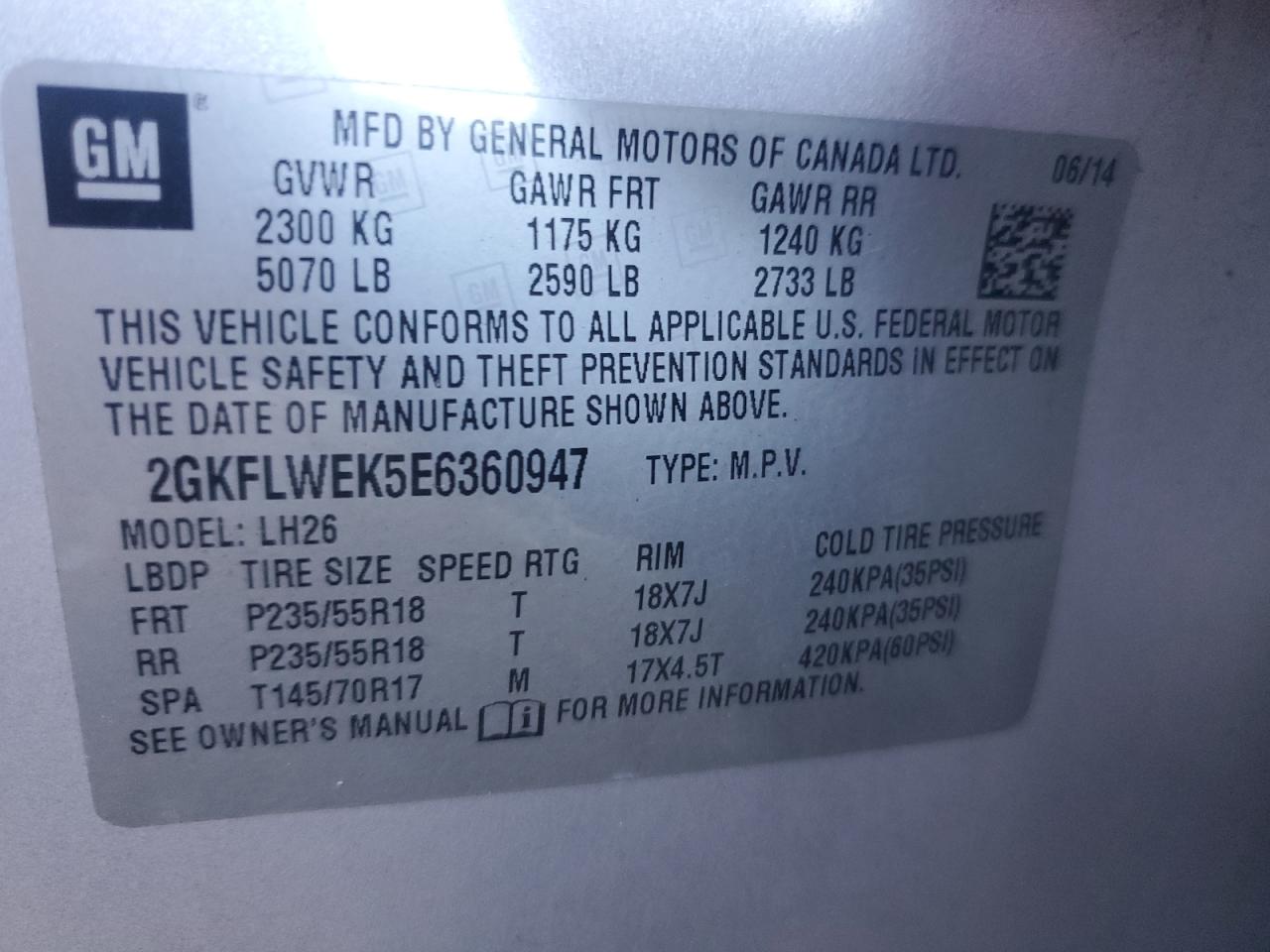 2014 GMC Terrain Sle VIN: 2GKFLWEK5E6360947 Lot: 86838725