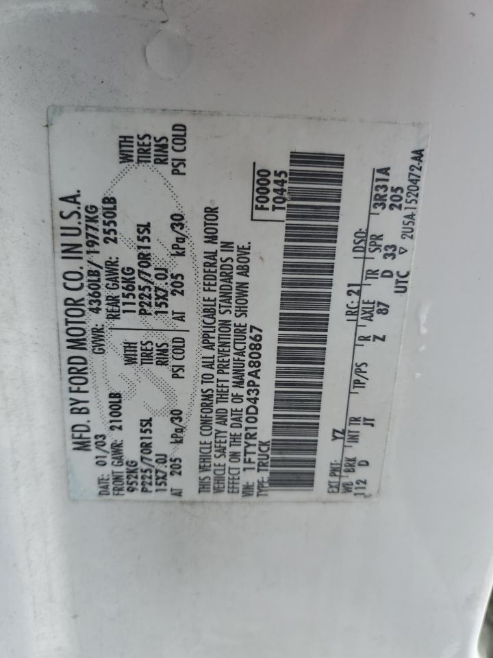 2003 Ford Ranger VIN: 1FTYR10D43PA80867 Lot: 89737165