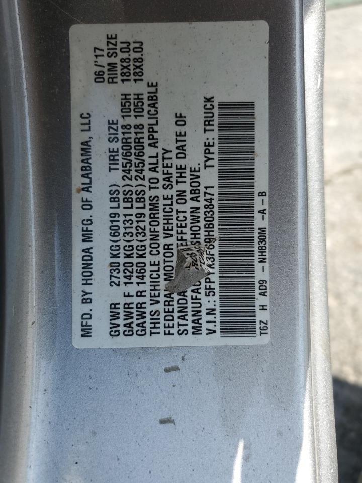 2017 Honda Ridgeline Rtl VIN: 5FPYK3F69HB038471 Lot: 90924395