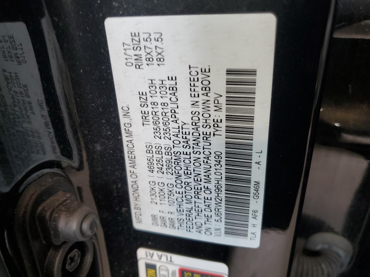 2017 Honda Cr-V Touring VIN: 5J6RW2H96HL013490 Lot: 84582615