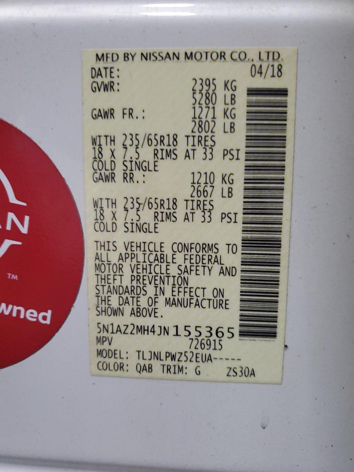 2018 Nissan Murano S VIN: 5N1AZ2MH4JN155365 Lot: 84762625