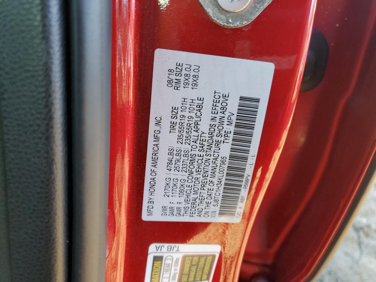 2019 Acura Rdx VIN: 5J8TC1H34KL007965 Lot: 91001015