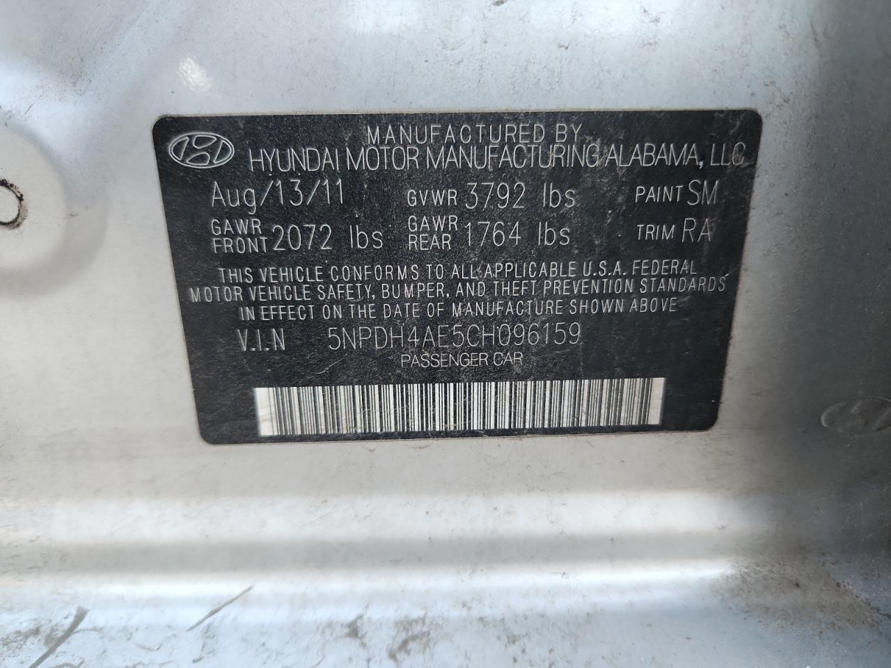 2012 Hyundai Elantra Gls VIN: 5NPDH4AE5CH096159 Lot: 85003575