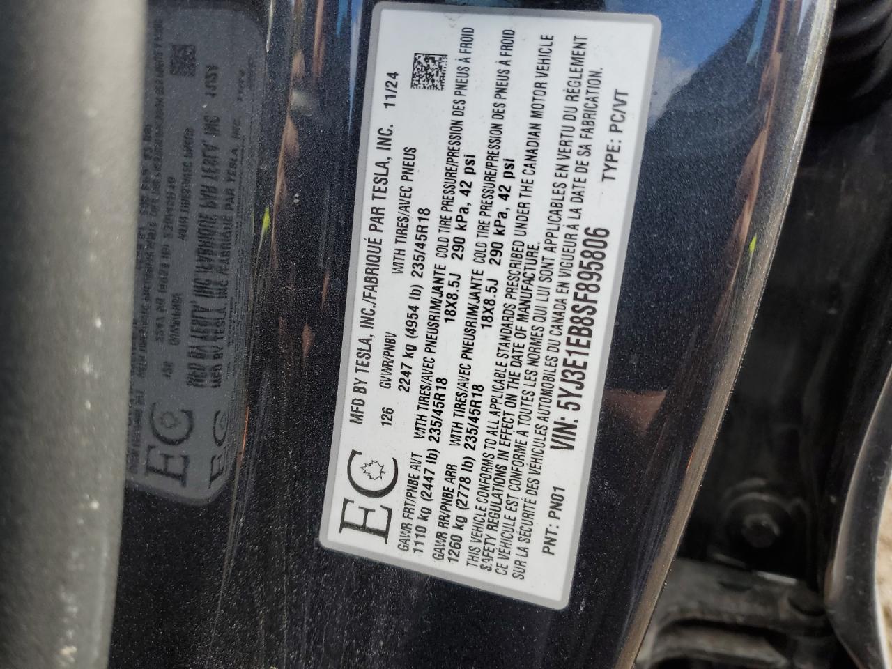 2025 Tesla Model 3 VIN: 5YJ3E1EB8SF895806 Lot: 85559635