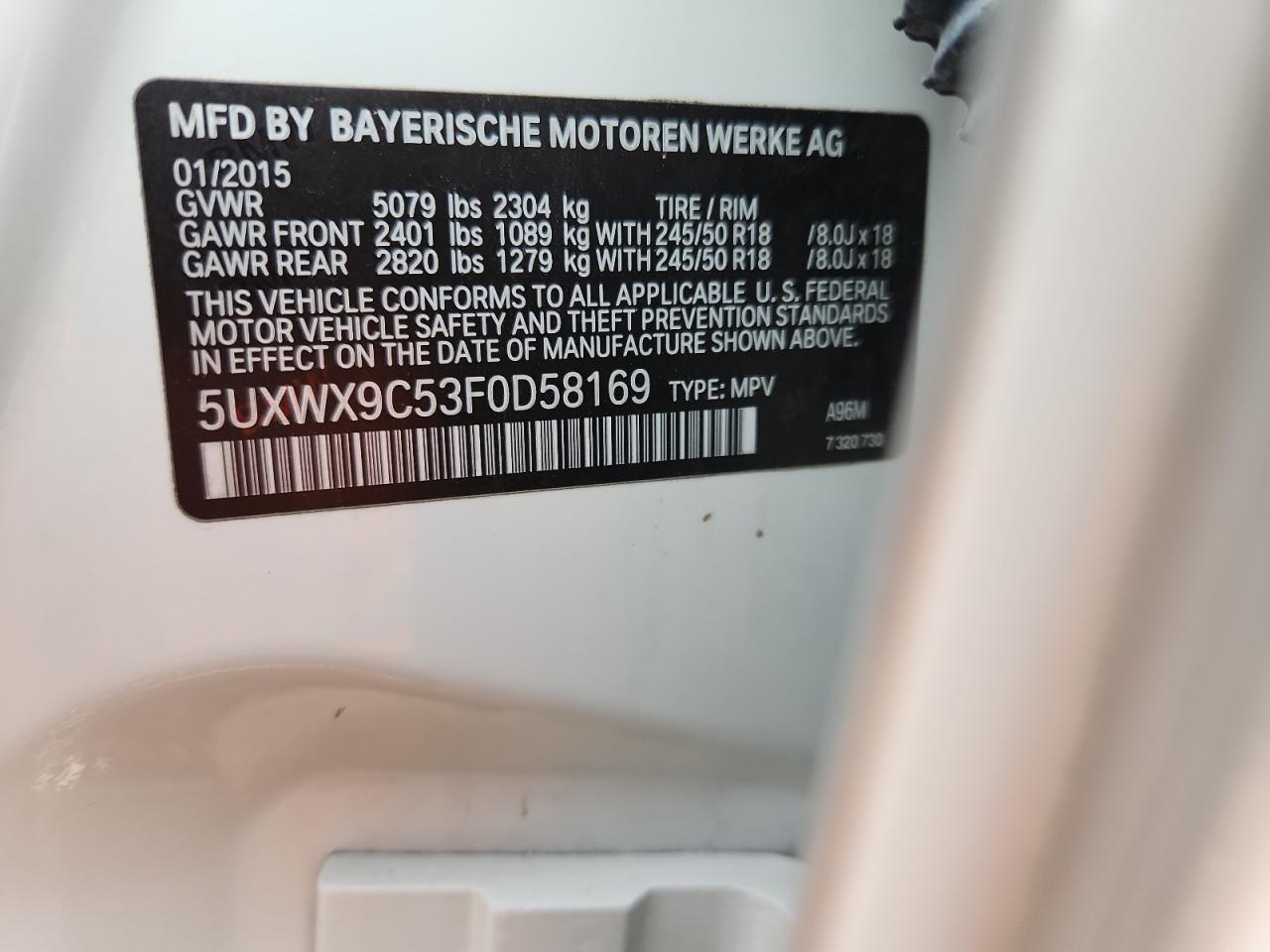 2015 BMW X3 xDrive28I VIN: 5UXWX9C53F0D58169 Lot: 84782685