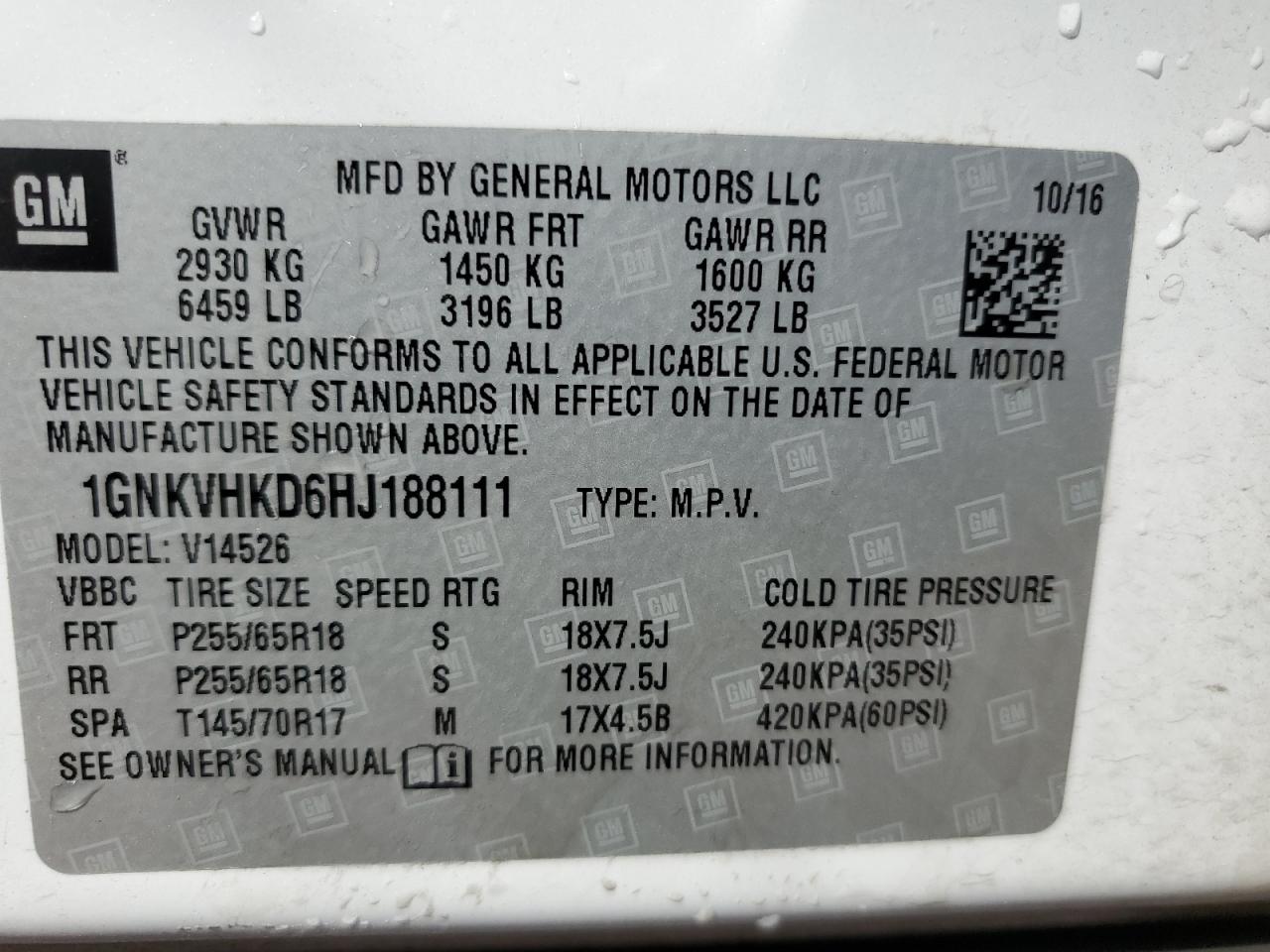 2017 Chevrolet Traverse Lt VIN: 1GNKVHKD6HJ188111 Lot: 84755575