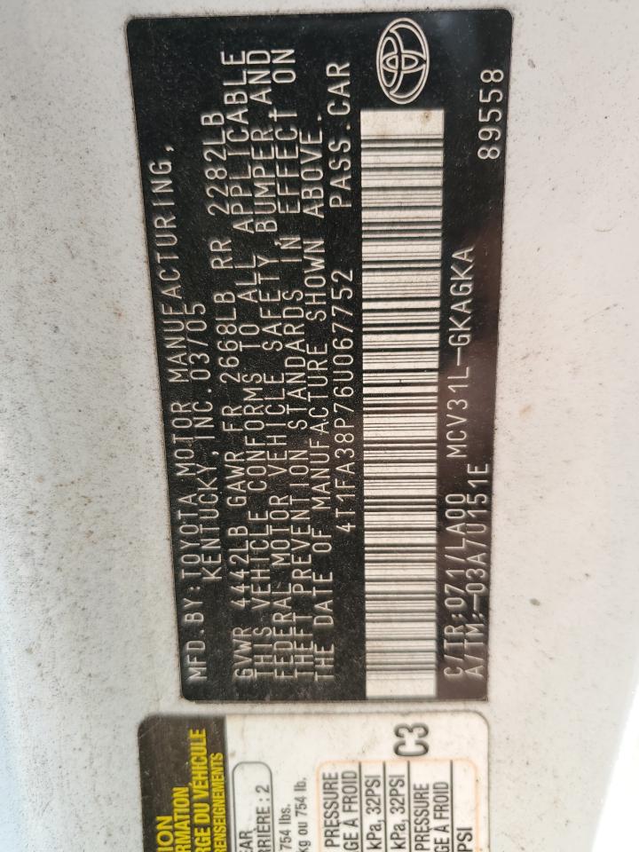 2006 Toyota Camry Solara Se VIN: 4T1FA38P76U067752 Lot: 89704965