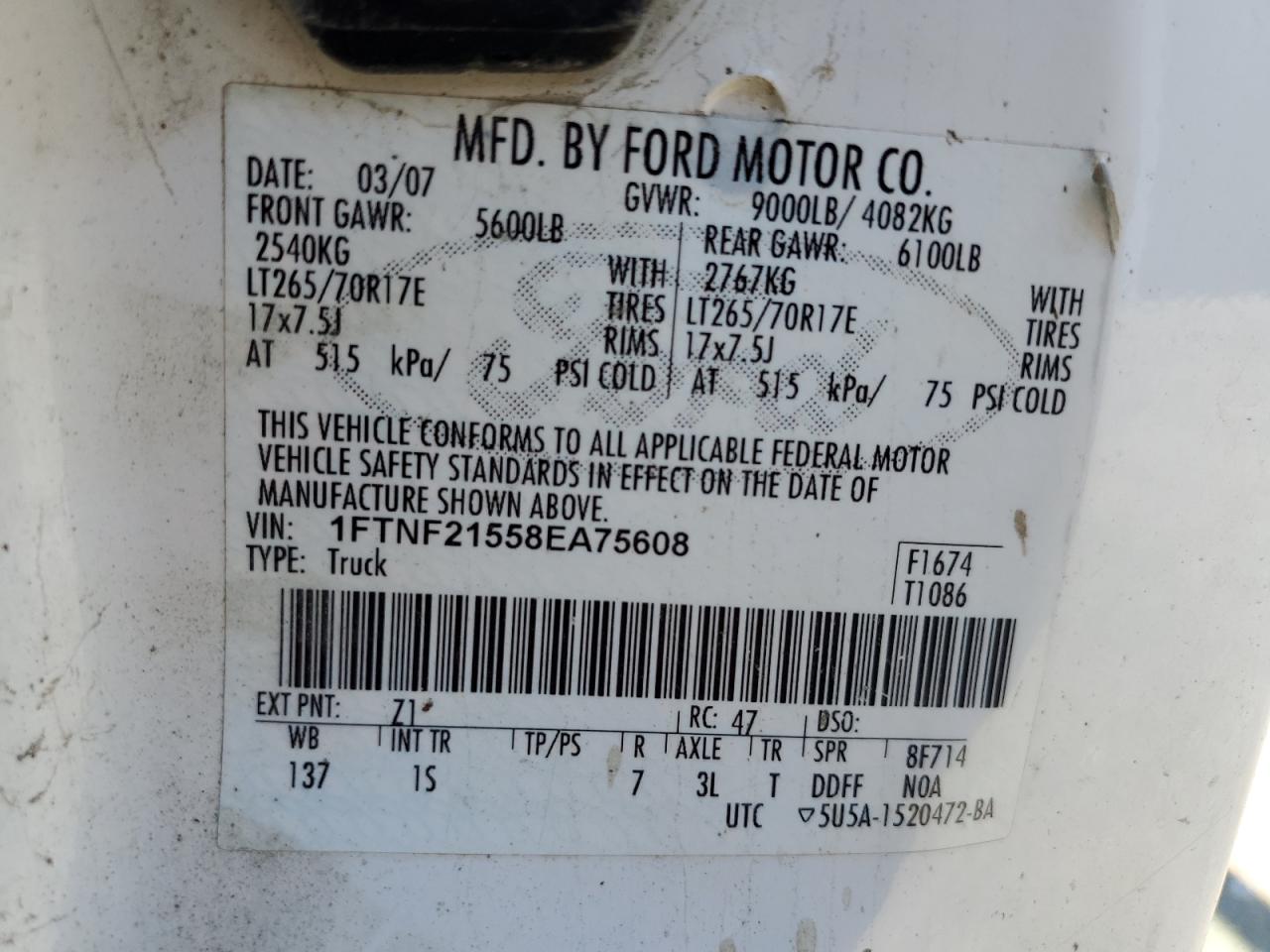 2008 Ford F250 Super Duty VIN: 1FTNF21558EA75608 Lot: 84405395