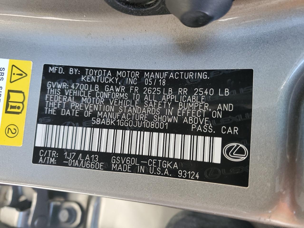 2018 Lexus Es 350 VIN: 58ABK1GG0JU108001 Lot: 82131565