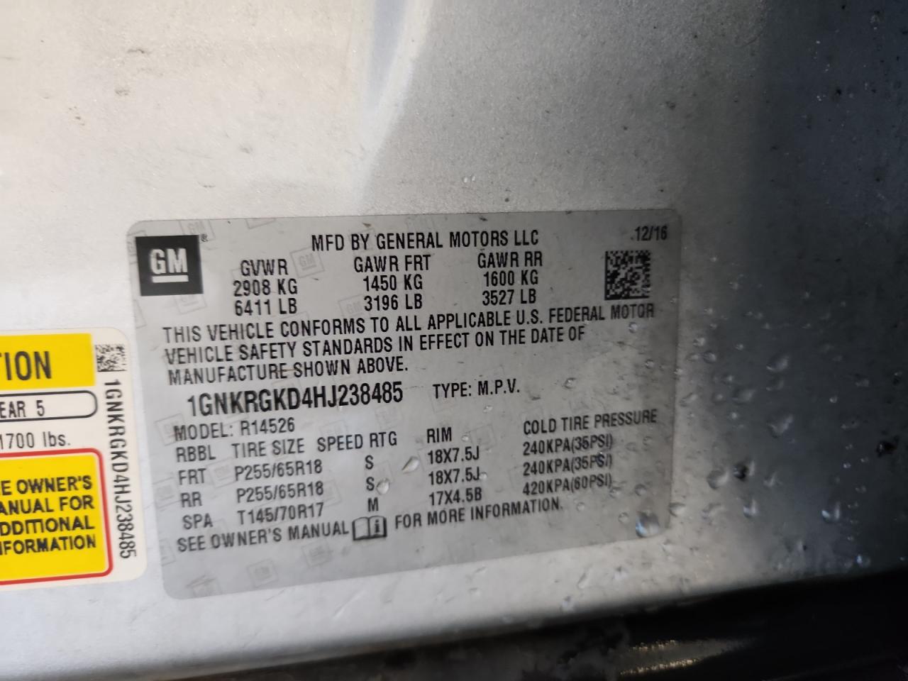 2017 Chevrolet Traverse Lt VIN: 1GNKRGKD4HJ238485 Lot: 84942545