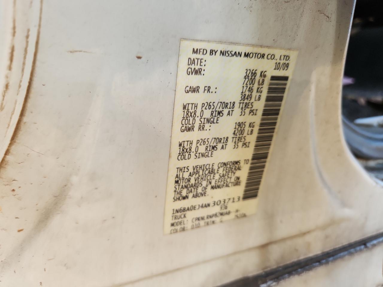 2010 Nissan Titan Xe VIN: 1N6BA0EJ4AN303713 Lot: 89712415