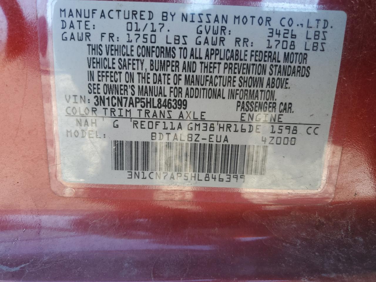 2017 Nissan Versa S VIN: 3N1CN7AP5HL846399 Lot: 82371835